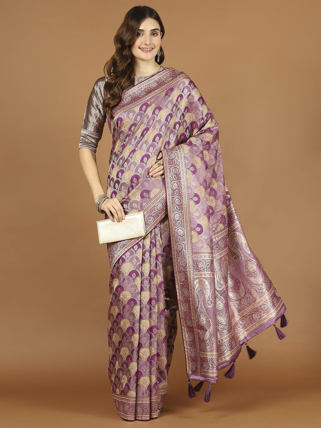 

Meena Bazaar Ethnic Motifs Woven Art Silk Saree, Purple
