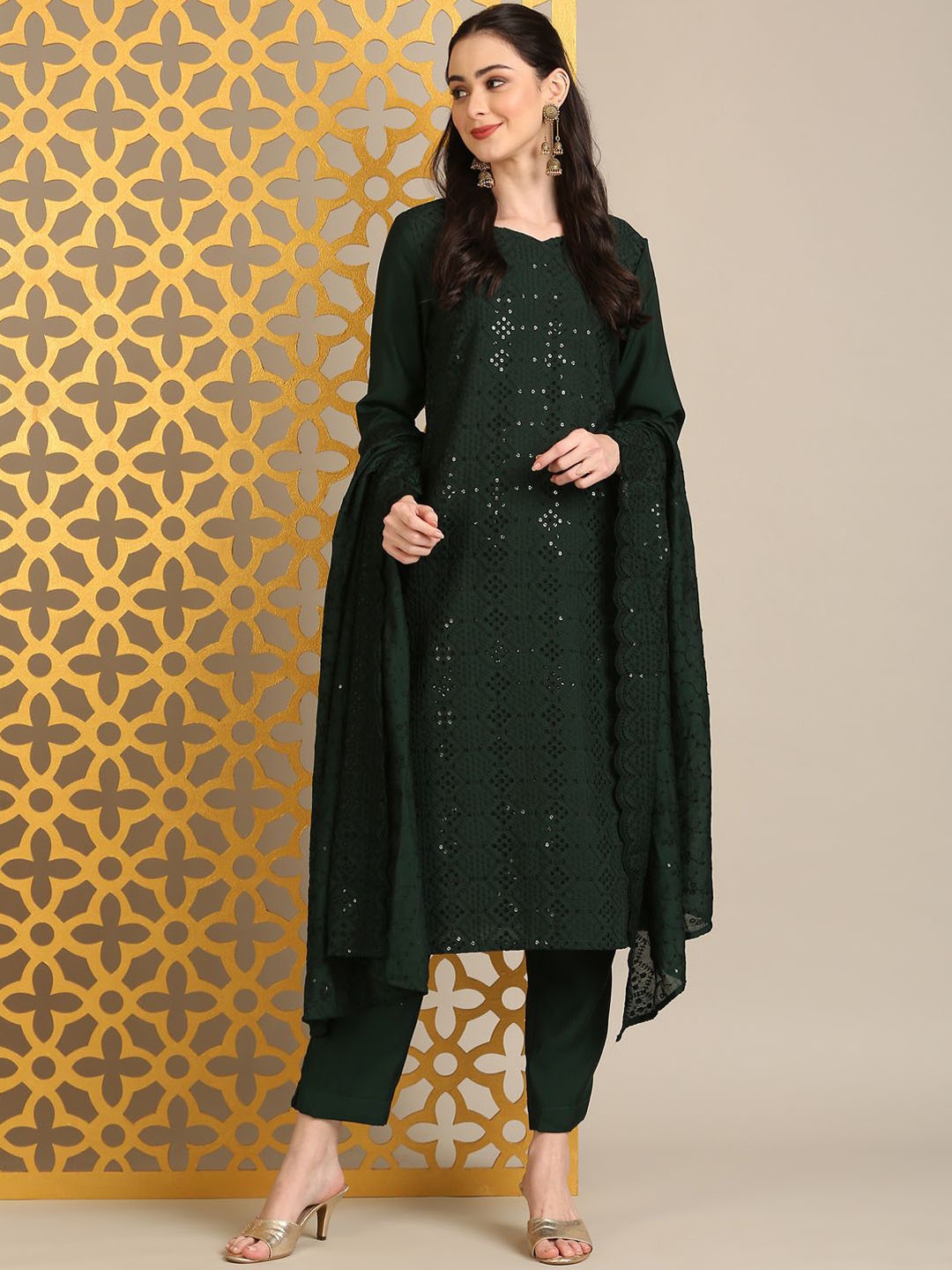 

Anouk Women Regular Sequinned Kurta with Trousers & With Dupatta, Green