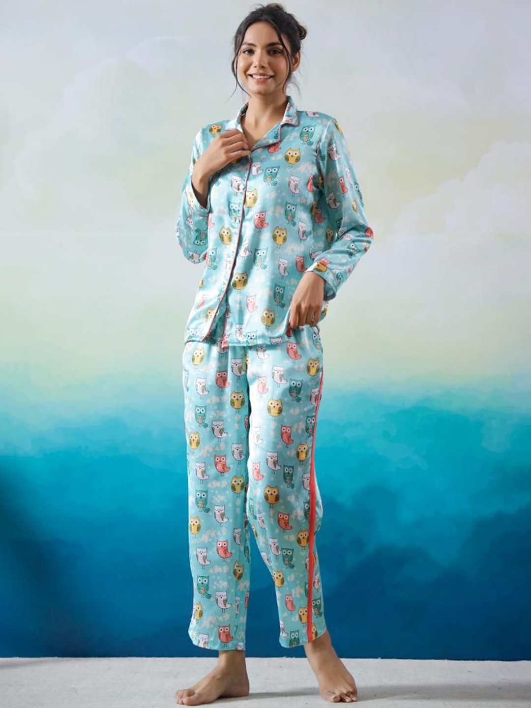 

FLAVIA CREATION Lapel Collar Printed Shirt with Pyjama, Blue