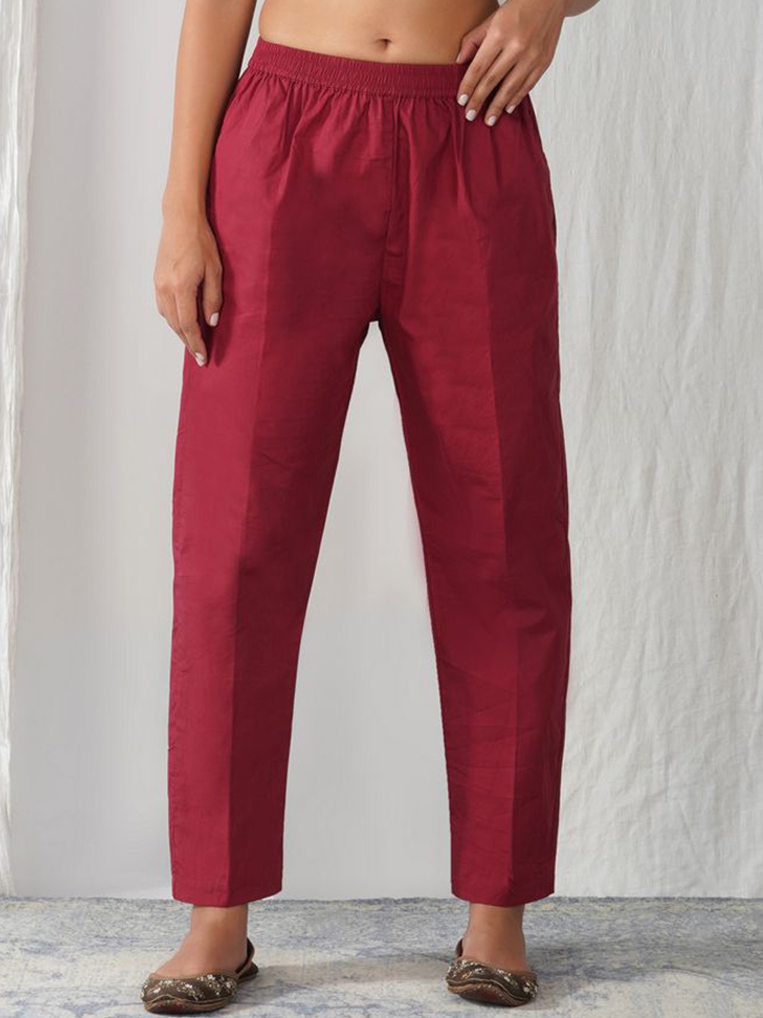 

zuri Women Cotton Relaxed Straight Leg Regular Fit Slip-On Trousers, Red