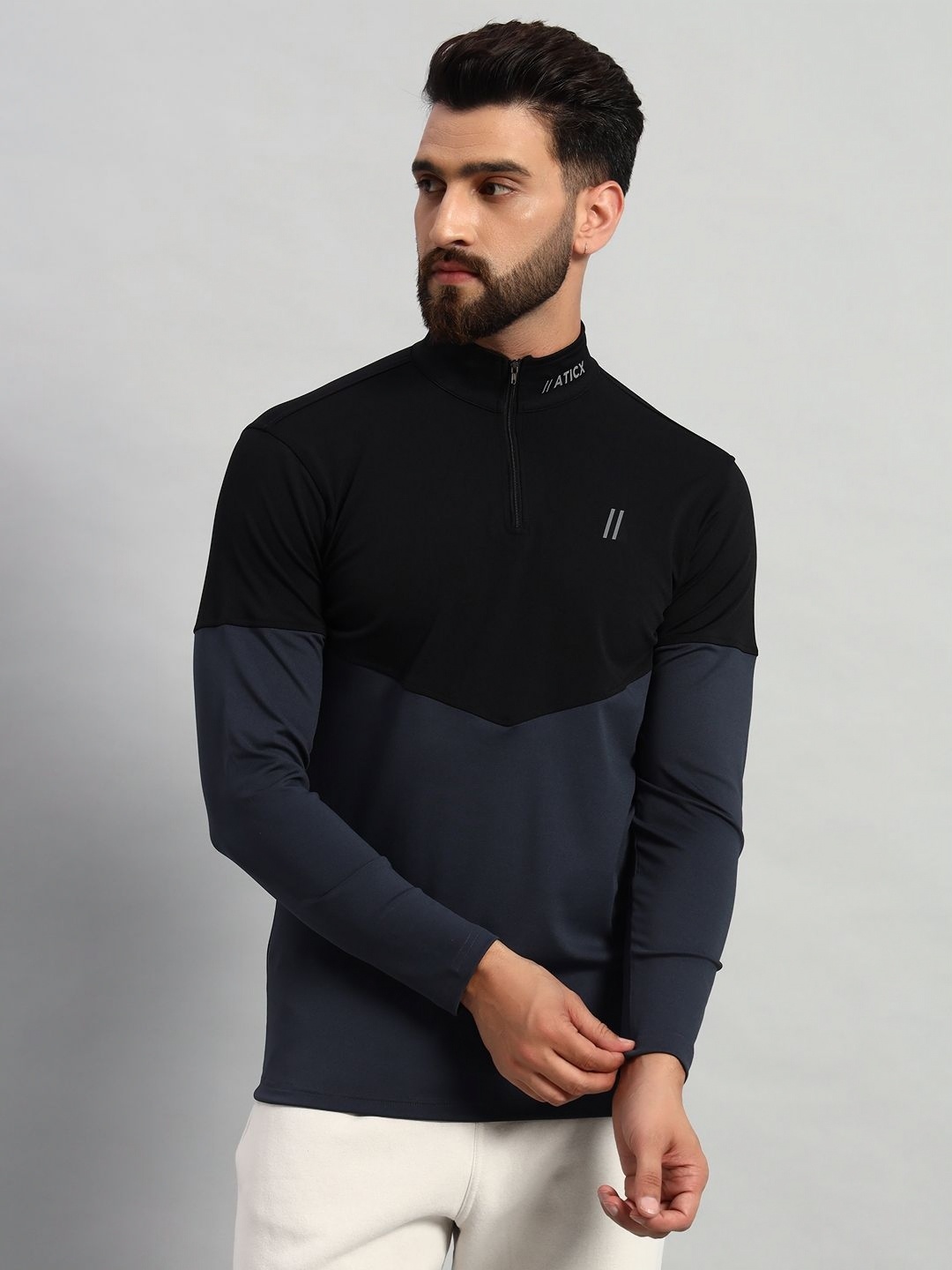 

ATICX Men Brand Logo Colourblocked High Neck Compression T-shirt, Black