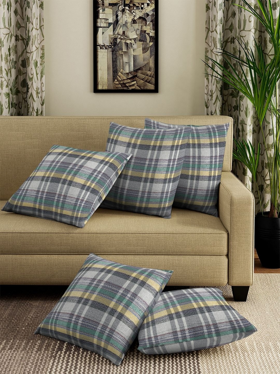 

Aura Grey & Green 5 Pieces Checked Square Cushion Covers