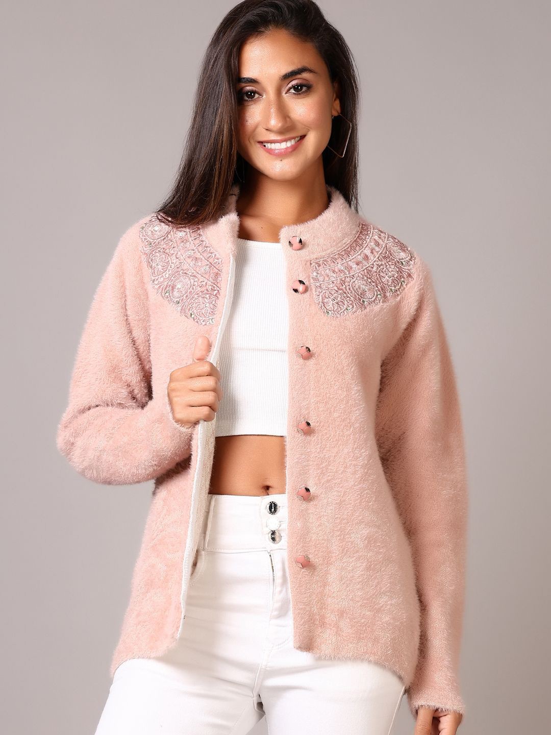 

V-Mart Women Embroidered Round Neck Cardigan, Peach