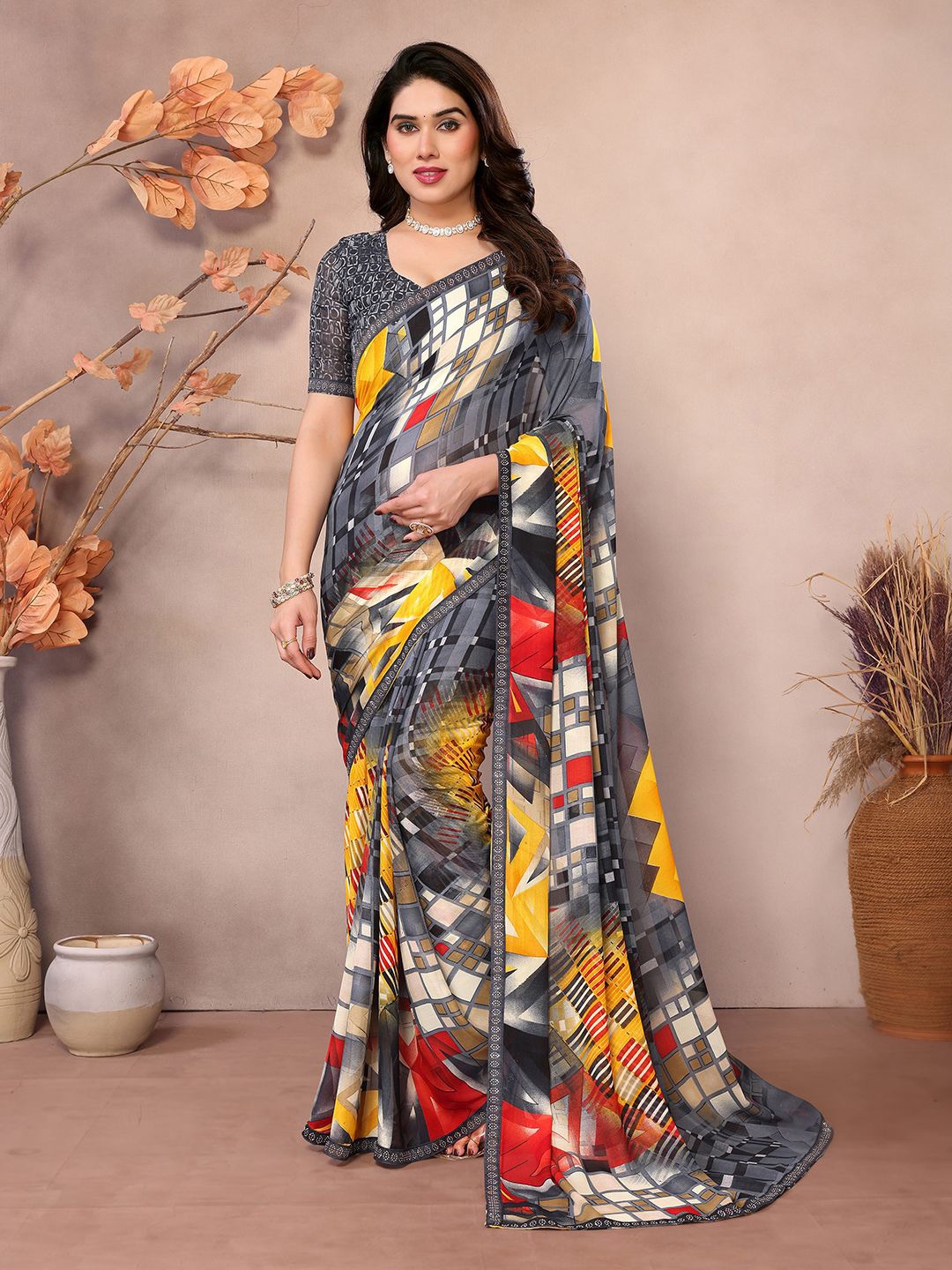 

ANAND SAREES Floral Sequinned Pure Georgette Saree, Grey