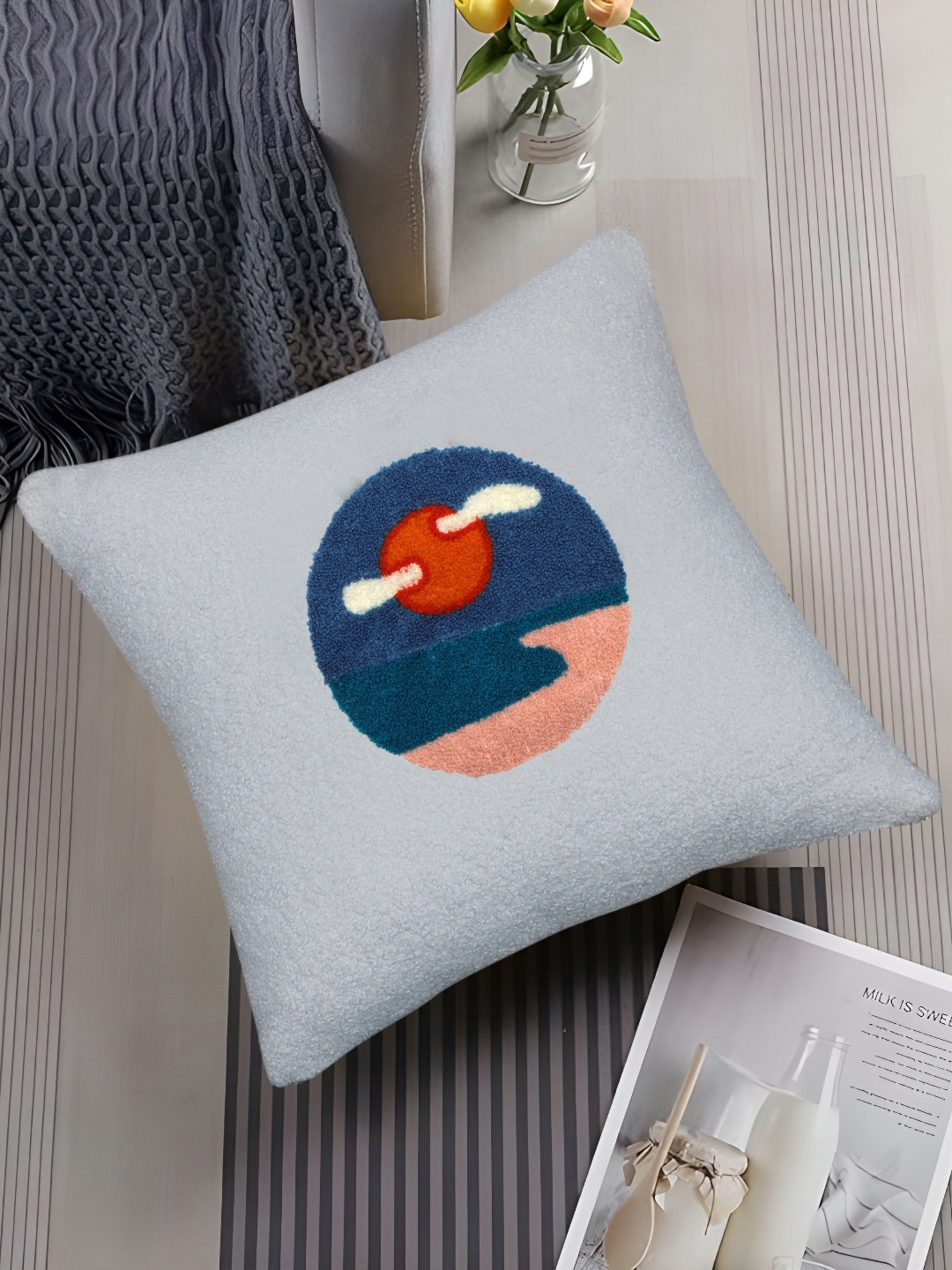 

CAZIMO White & Blue Geometric Printed Square Cushion Cover