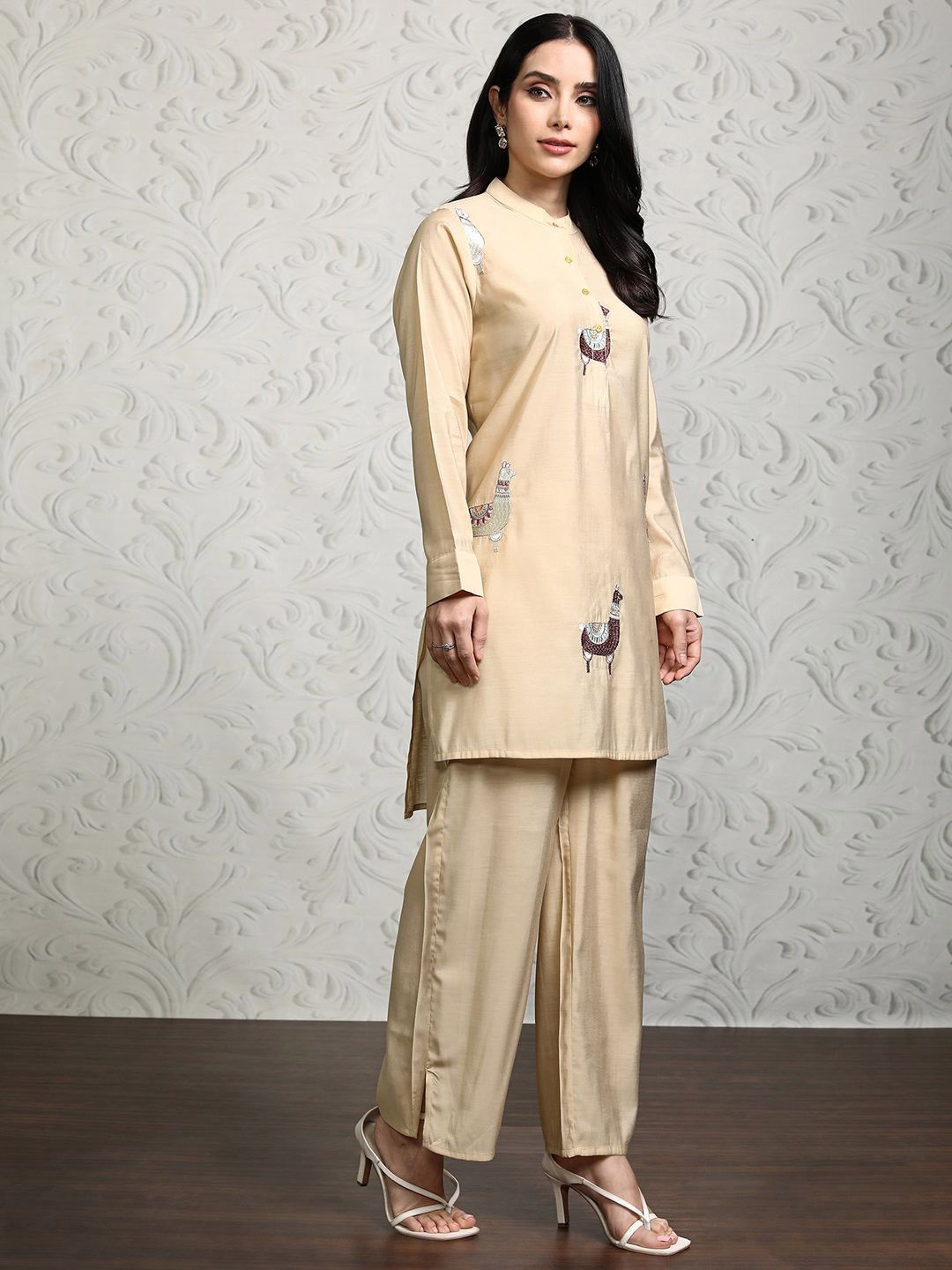 

Vishudh Band Collar Embroidered Tunic With Palazzo, Tan