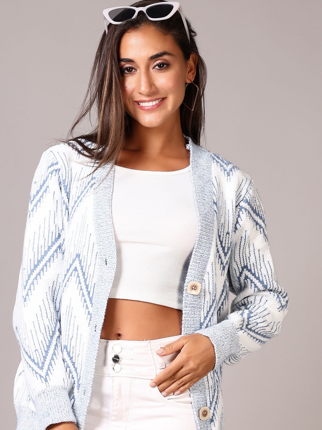 

V-Mart Women Printed Cardigan, Blue