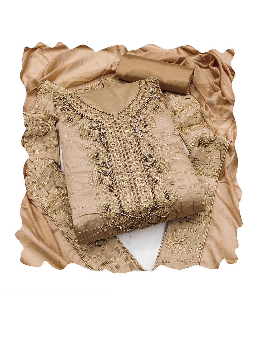 

Maroosh Embellished Unstitched Dress Material, Beige