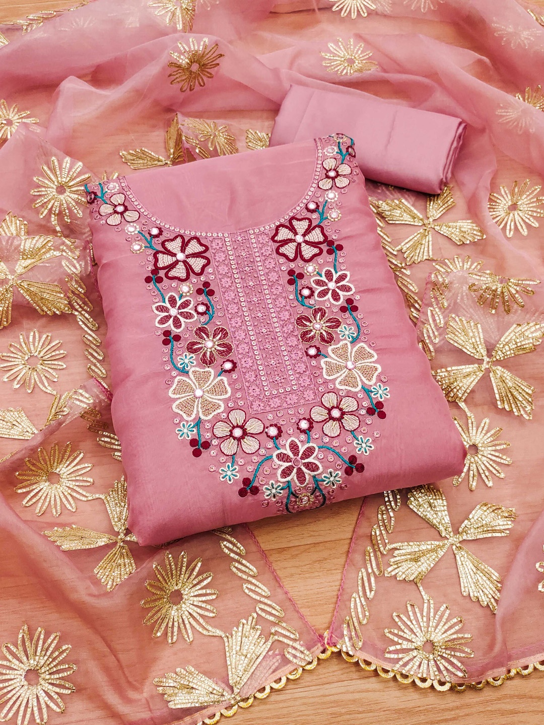 

KALINI Embroidered Organza Unstitched Dress Material, Pink