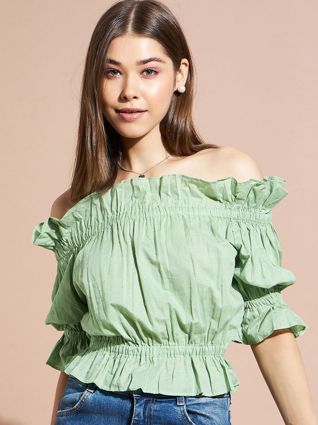 

DressBerry Women Off-Shoulder Bardot Crop Top, Green