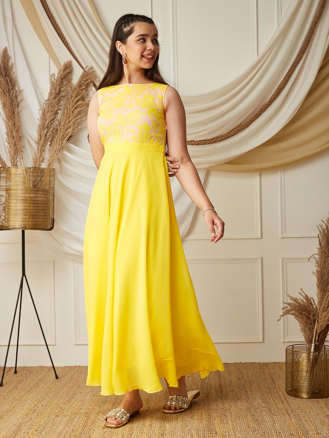 

BAESD Girls Self Design Fit & Flare Maxi Dress, Yellow