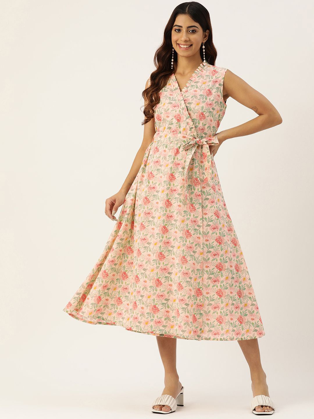 

FERANOID Floral Print Ruffled A-Line Maxi Dress, Cream