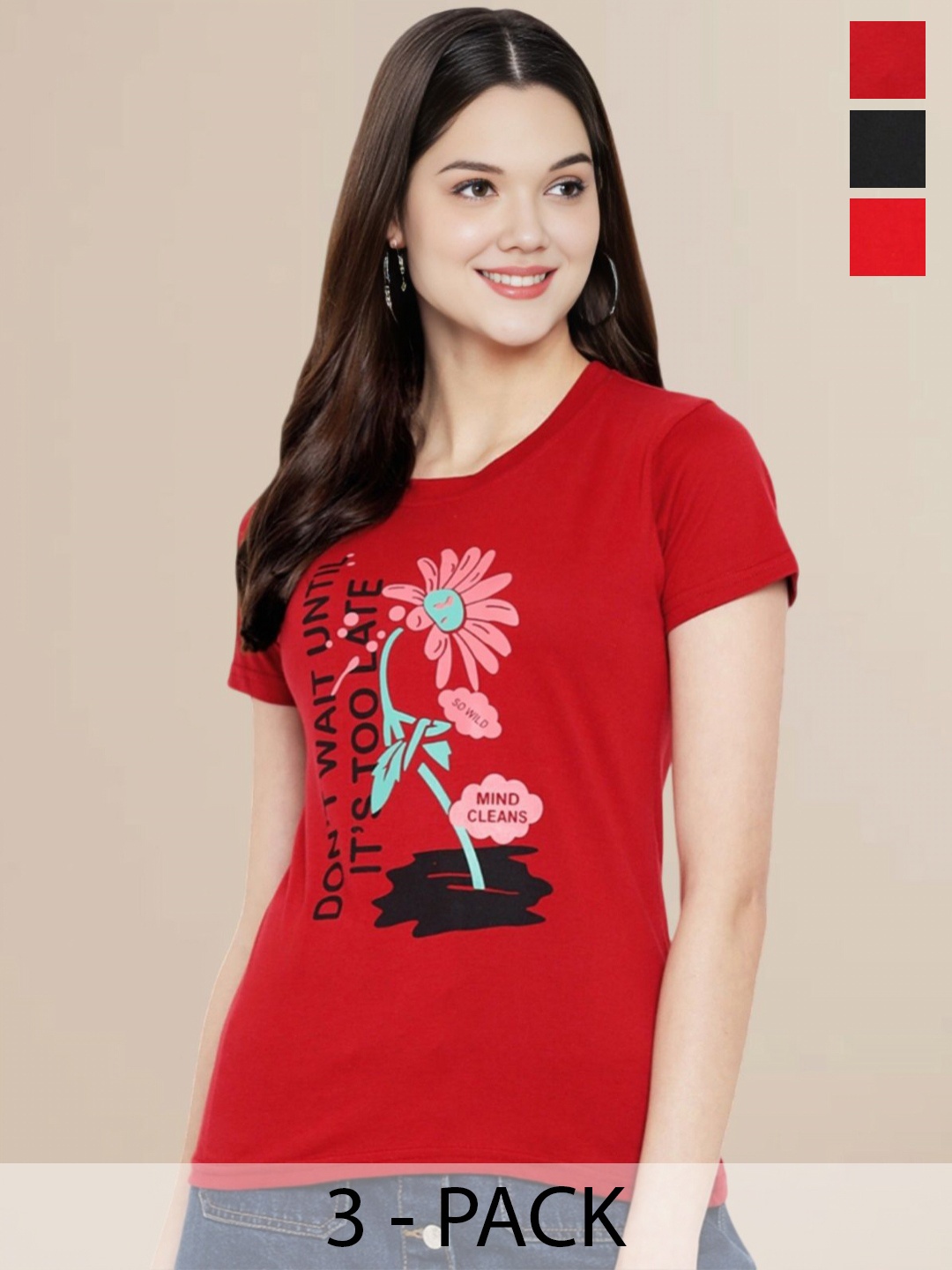 

Metronaut Women Pack Of 3 Typography Printed Round Neck Cotton T-shirts, Red