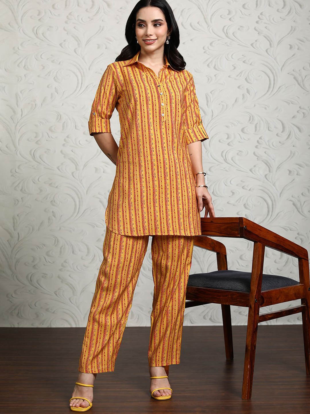 

Vishudh Striped Shirt Collar Tunic With Trouser, Mustard