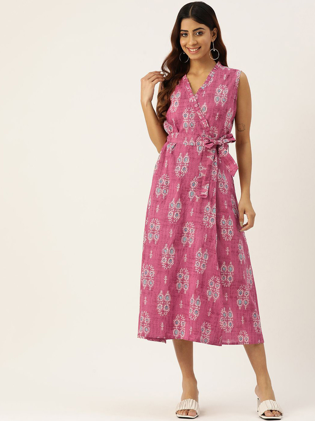 

FERANOID Ethnic Motifs Print Ruffled A-Line Maxi Dress, Pink