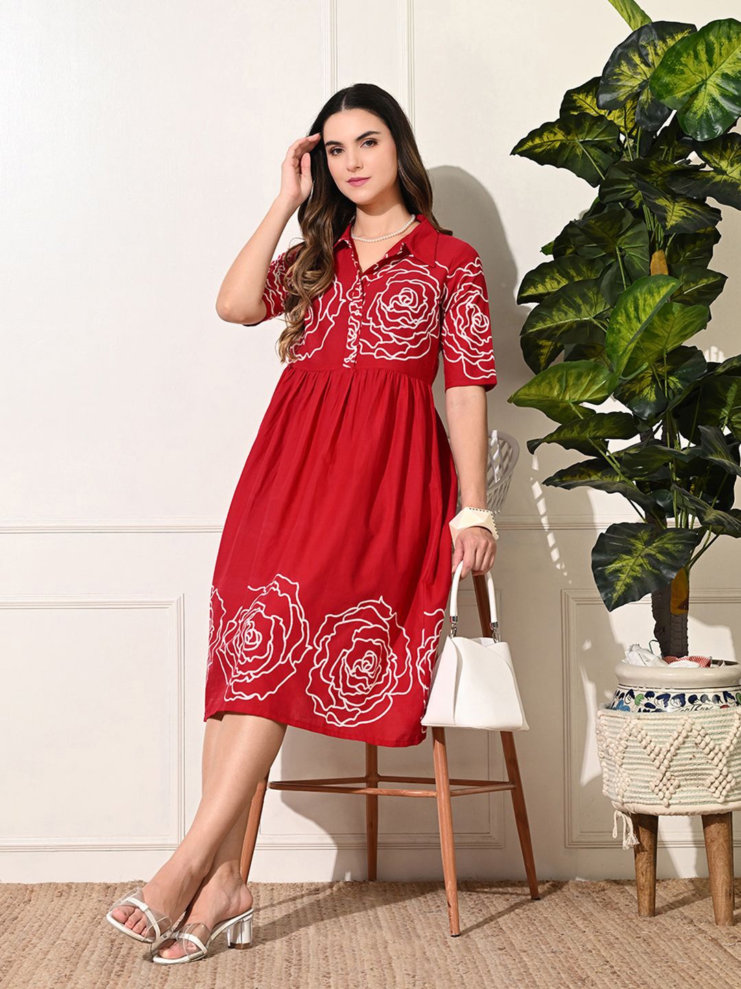 

DECKEDUP Print Empire Dress, Red