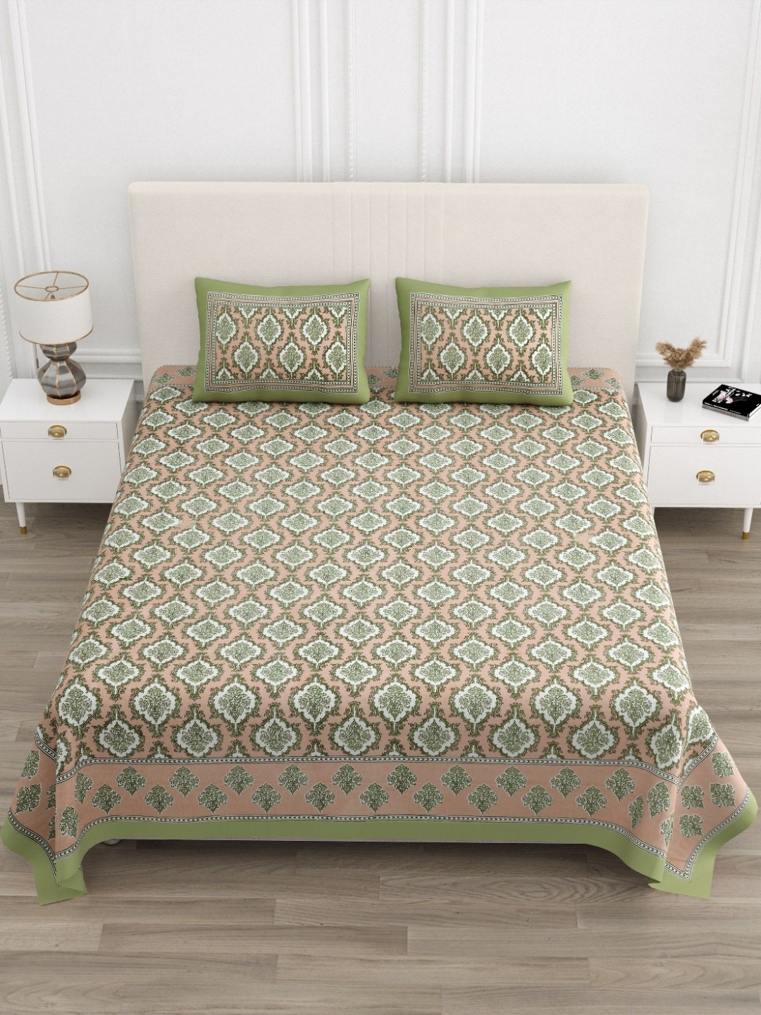 

Jinaya's Peach Colored Printed Pure Cotton 210 TC King Bedsheet Set 2.74 m x 2.28 m