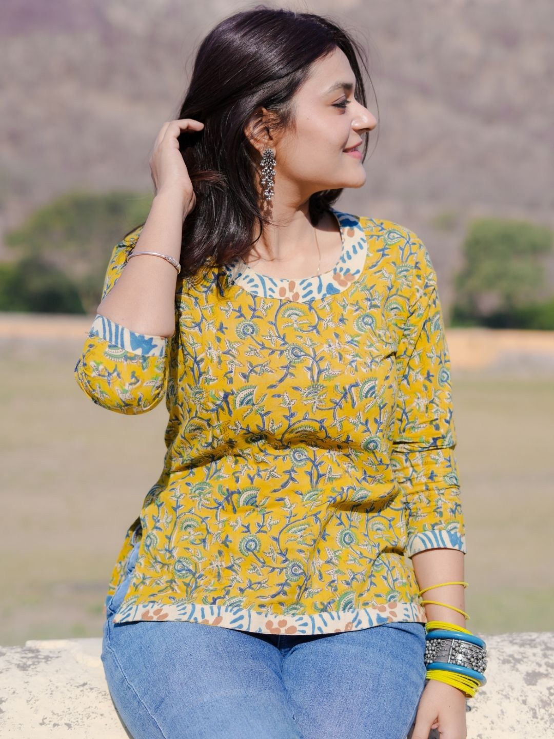 

SASSY SAJJA Floral Print Cotton Cinched Waist Top, Multi