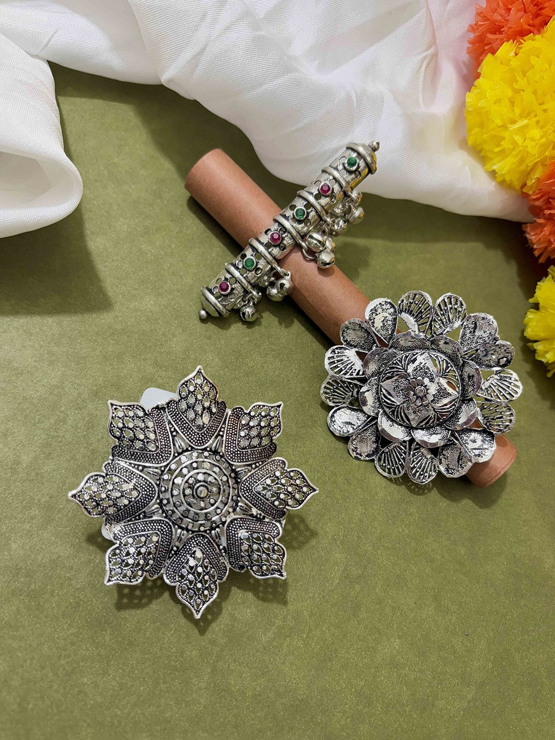 

ATIBELLE Set of 3 German Silver Plated Stone studded Rings