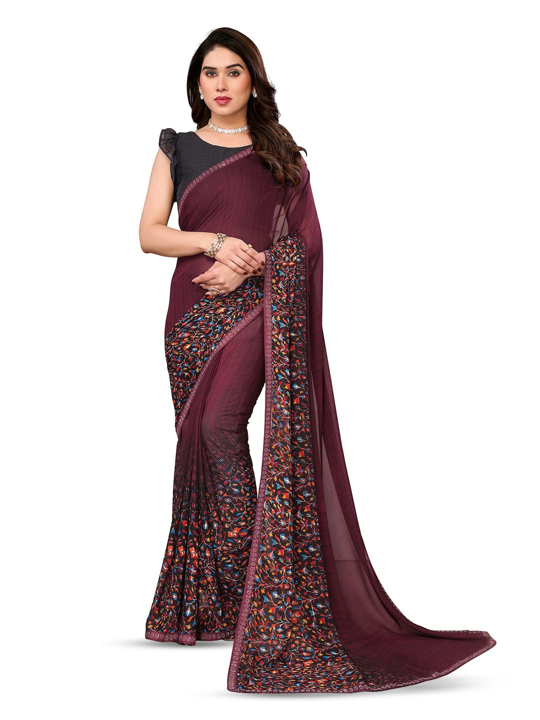 

ANAND SAREES Floral Pure Georgette Saree, Brown