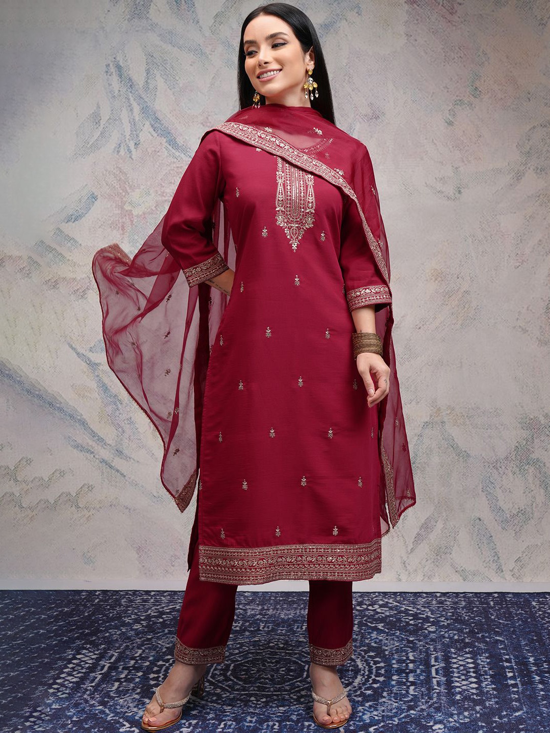 

Vishudh Women Paisley Embroidered Regular Sequinned Kurta with Trousers & With Dupatta, Pink