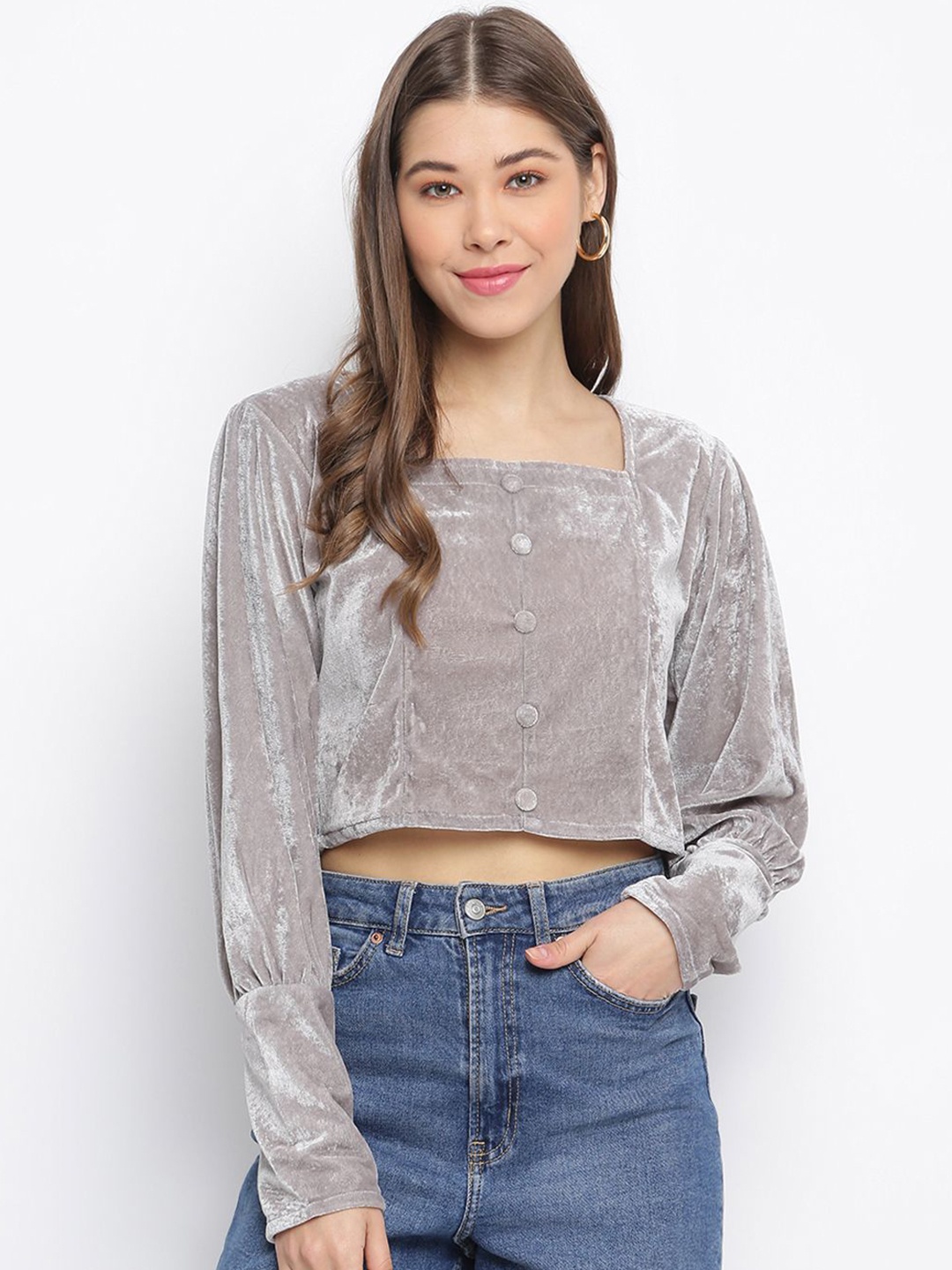 

DressBerry Women Embellished Square Neck Top, Grey