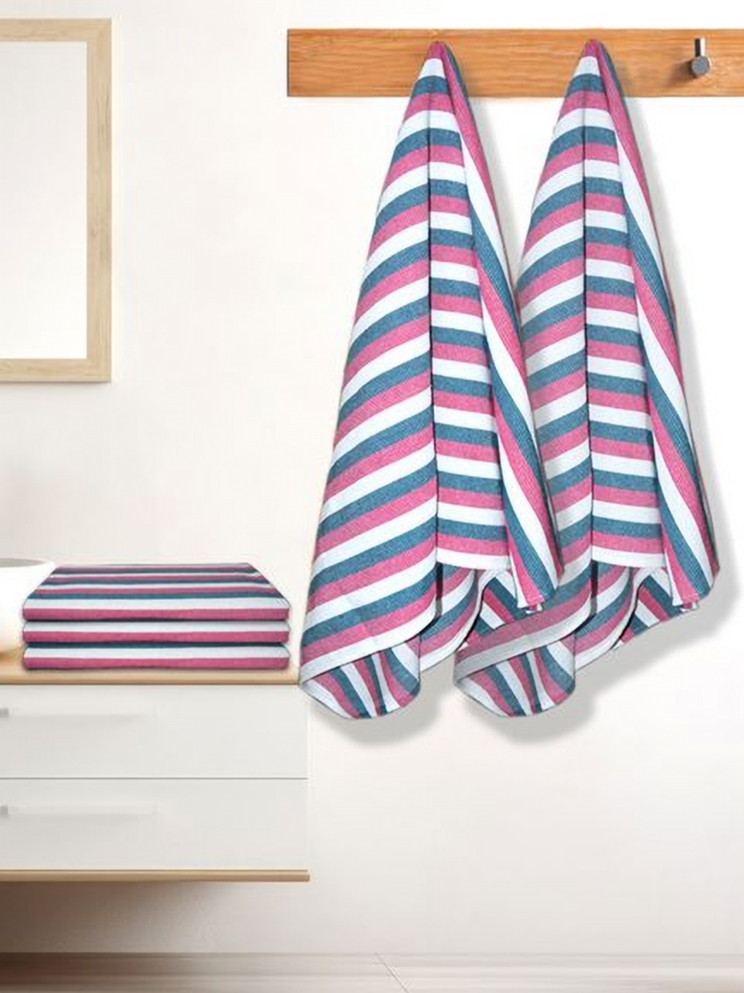 

Athom Living Iris Pink & Blue 5 Pieces Striped Cotton 210 GSM Bath Towel