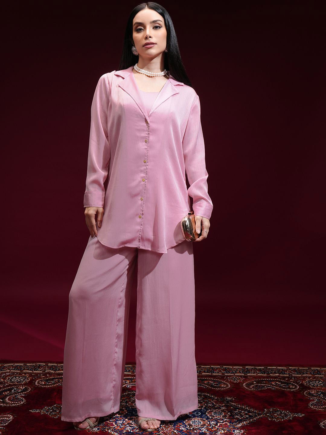 

Vishudh Shoulder Straps Crop Top & Palazzo With Shirt, Pink