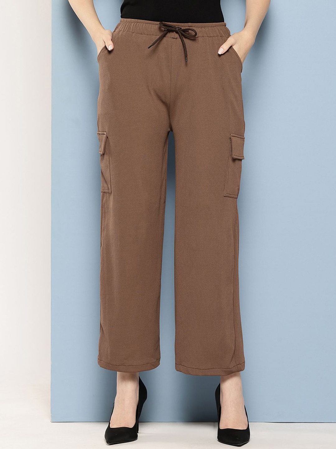 

The Roadster Lifestyle Co Women High-Rise Straight-Fit Cargo Trousers, Brown