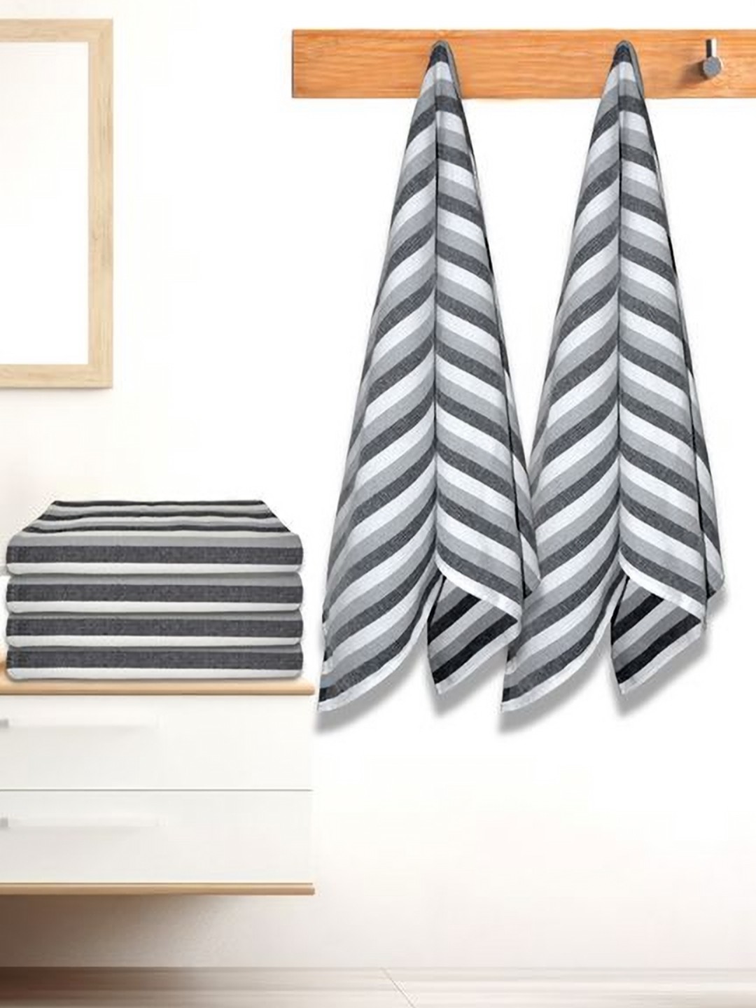 

Athom Living Iris Grey & White 6 Pieces Striped Printed Cotton 210 GSM Bath Towels