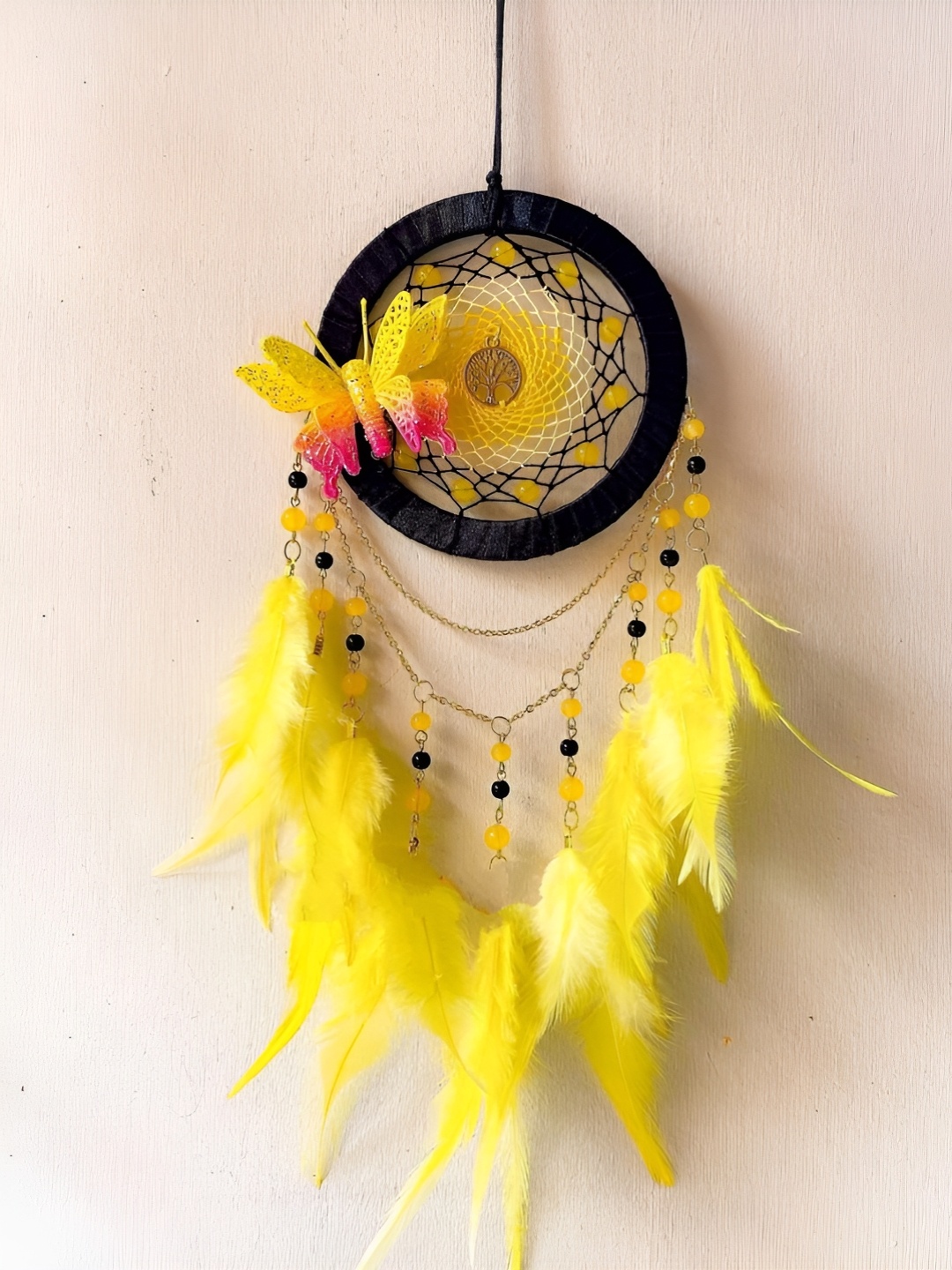 

UVID ART AND CRAFT SUPPLIES Yellow & Black Feathers Hanging Dream Catcher