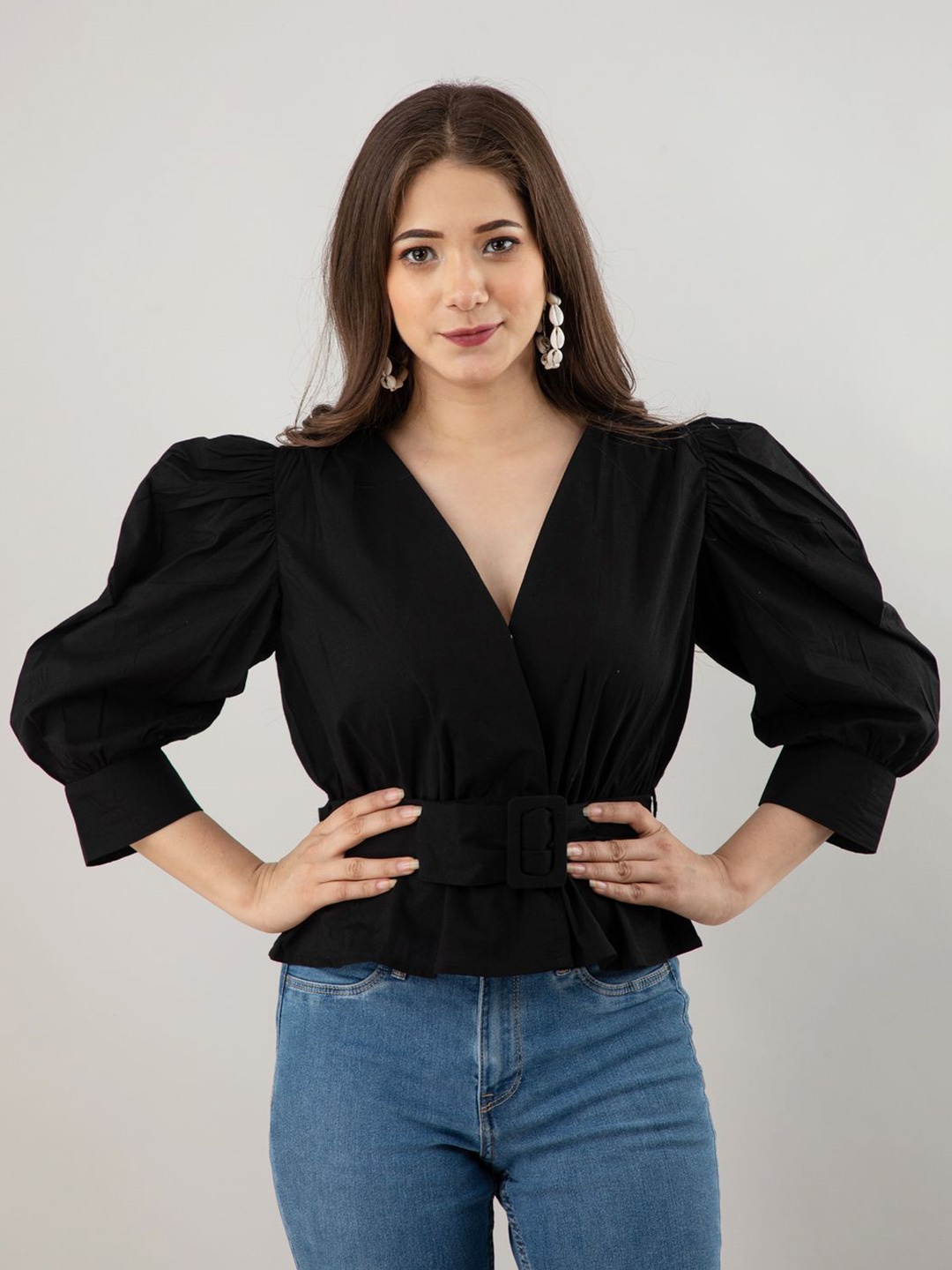 

all about you Puff Sleeve Cotton Cinched Waist Top, Black