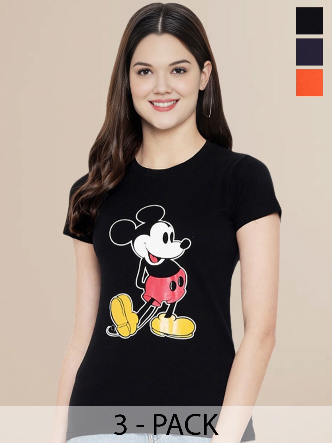 

Metronaut Women Pack Of 3 Typography Printed Round Neck Cotton Mickey Mouse T-shirts, Black