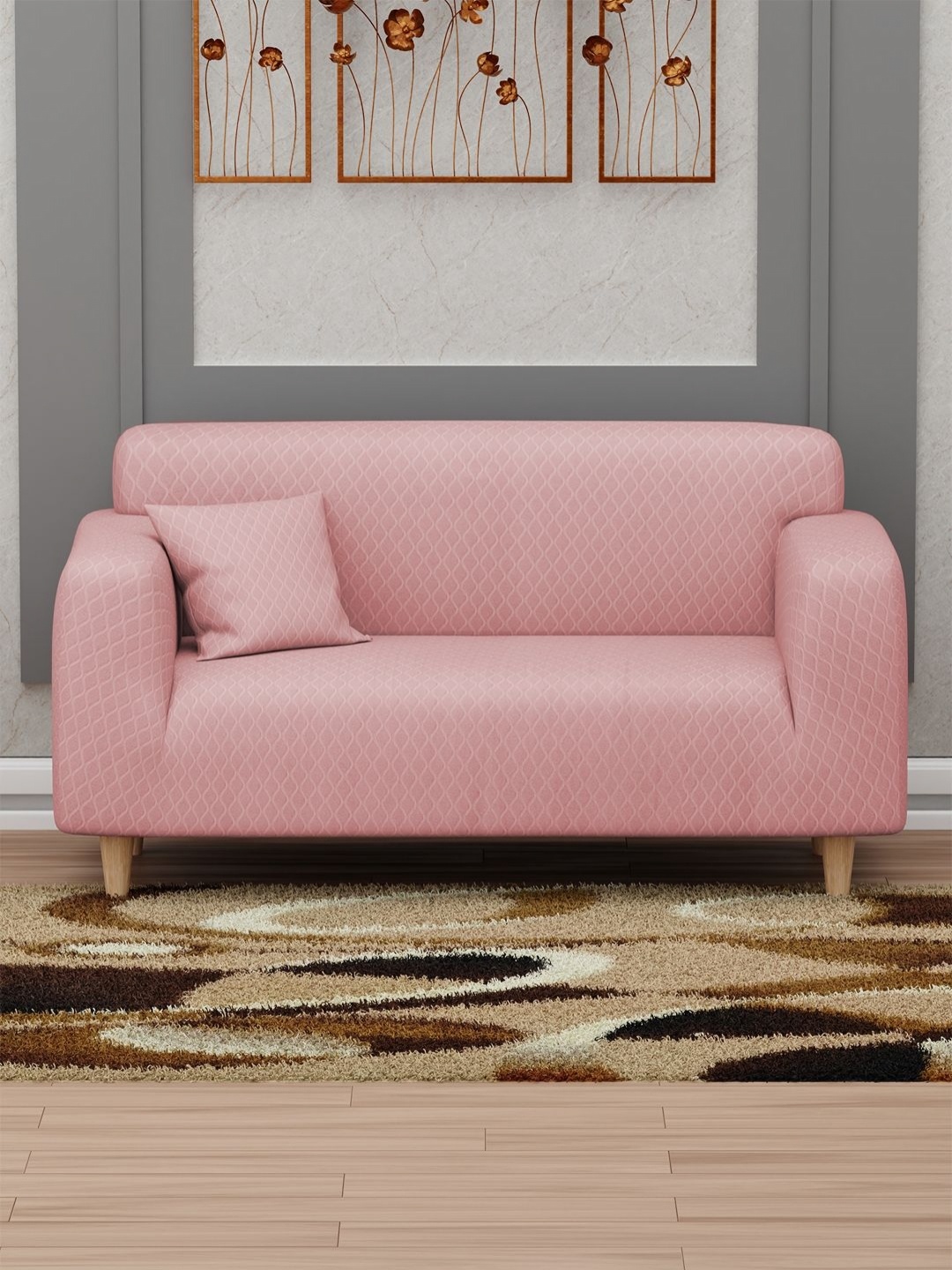 

Myntra Elegant Homes Pink Curved Diamond Pattern Two Seater Sofa Cover With Cushion Cover