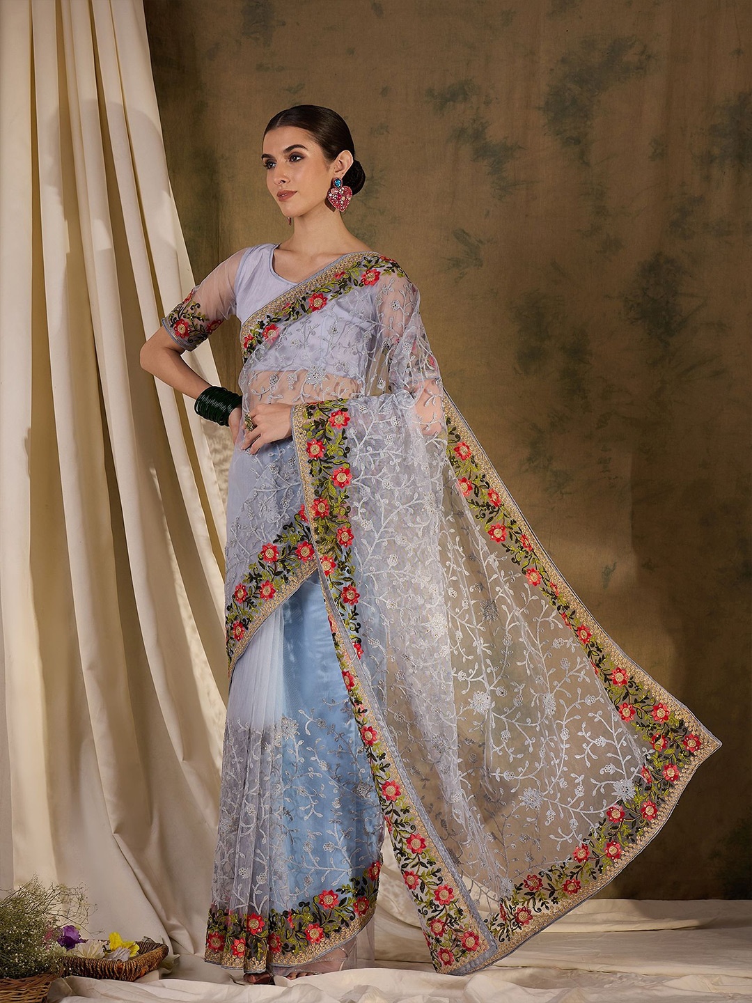 

Suha Embellished Embroidered Supernet Saree, Grey