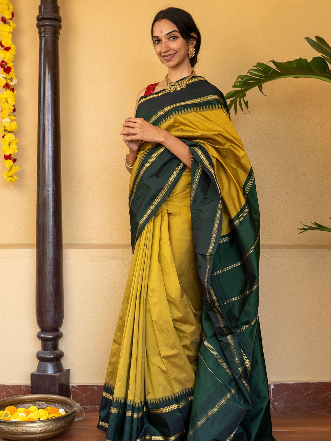 

Nerige Story Zari Silk Blend Saree, Olive