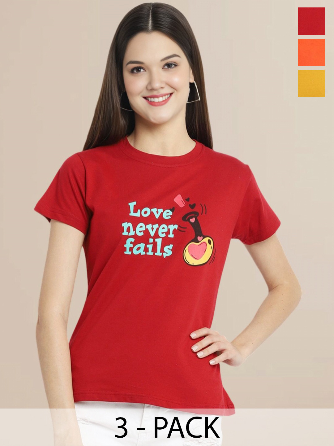 

Metronaut Women Pack Of 3 Typography Printed Round Neck Cotton T-shirts, Mustard