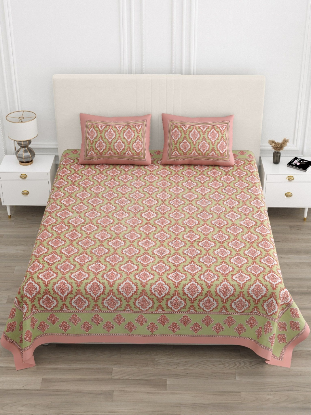 

Jinaya's Pink & Green Ethnic Motifs 210 TC Pure Cotton King Bedsheet Set 2.28 m x 2.74 m