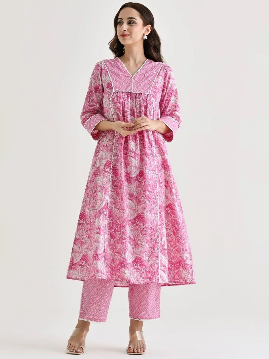

KALINI Women Floral Printed Regular Beads and Stones Kurta with Trousers, Pink