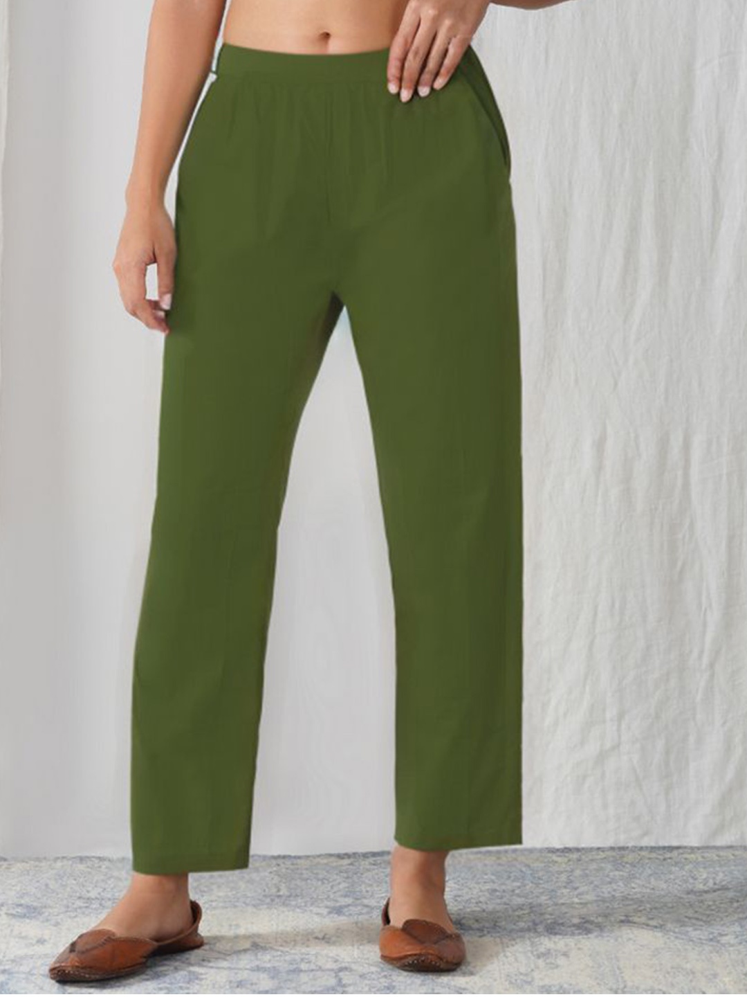 

zuri Women Cotton Mid-Rise Relaxed Straight Leg Slip-On Trousers, Green