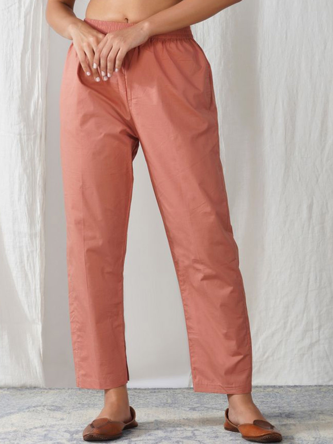 

zuri Women Cotton Relaxed Straight Leg Trousers, Pink
