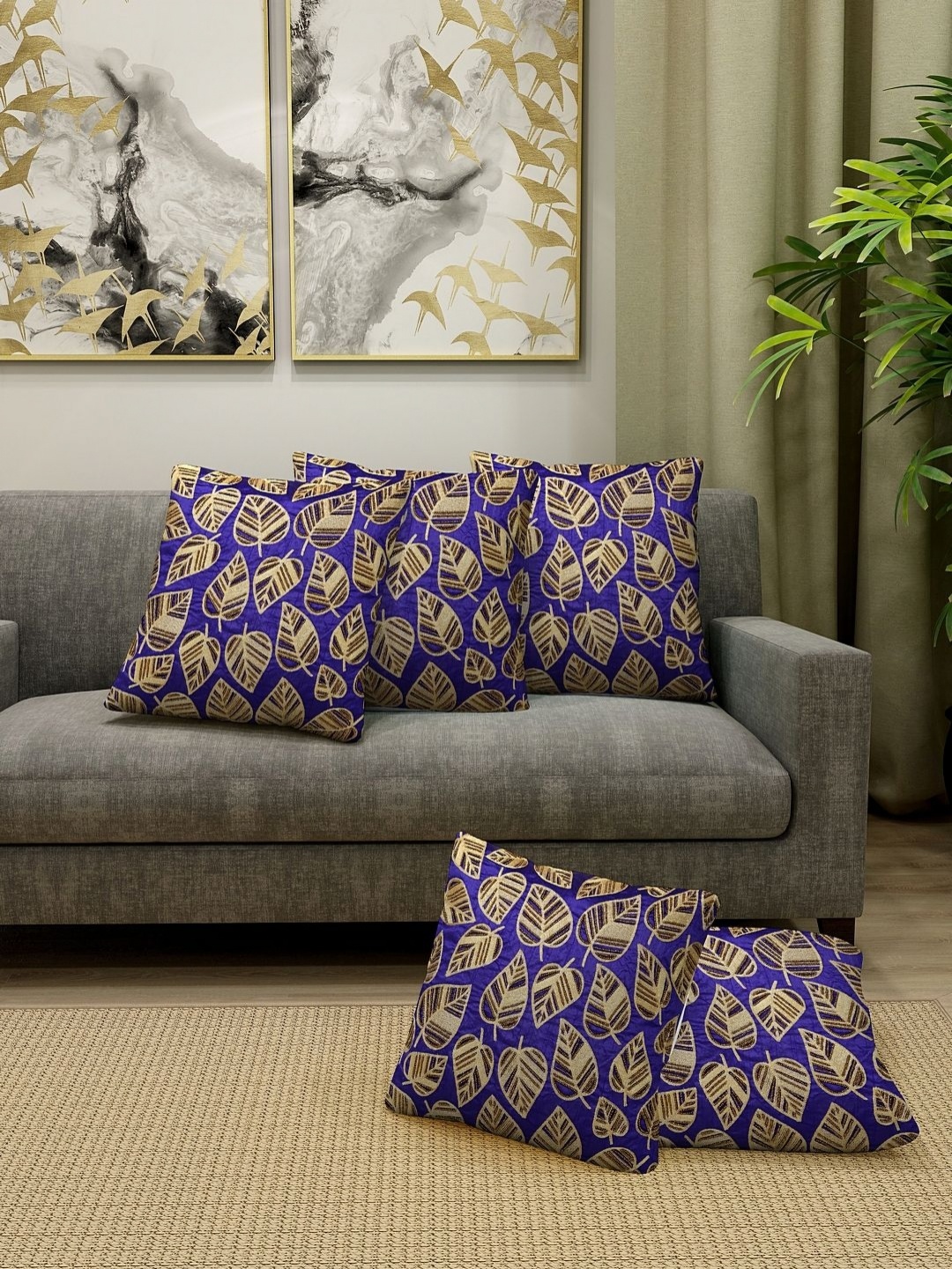 

Aura Purple & Gold-Toned 5 Pieces Embroidered Square Cushion Covers