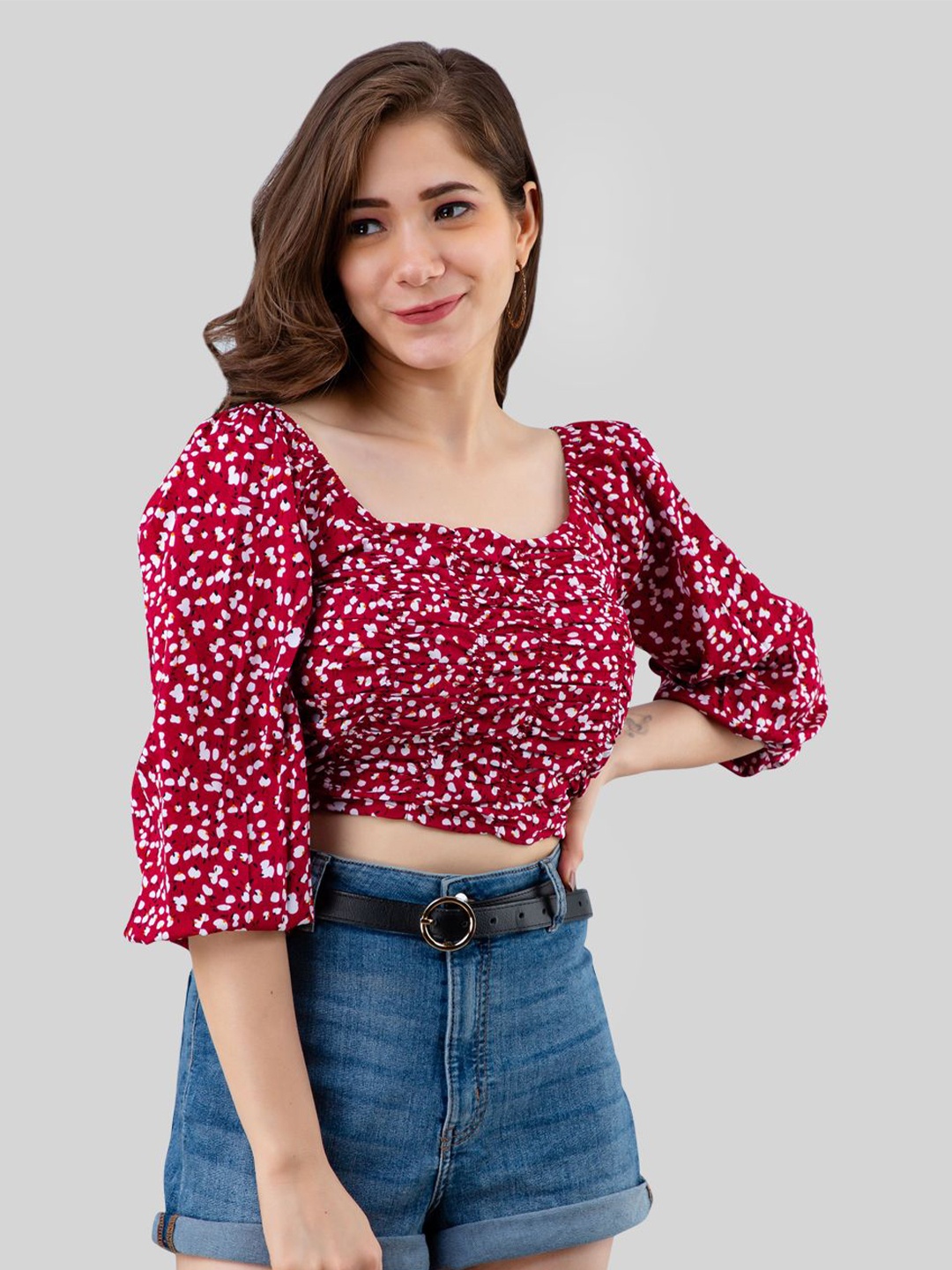 

all about you Floral Print Blouson Crop Top, Red