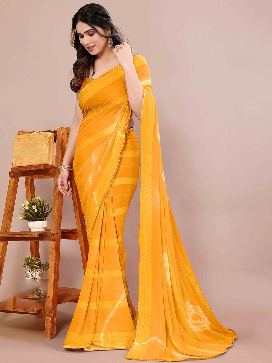 

KALINI Tie and Dye Poly Chiffon Saree, Yellow