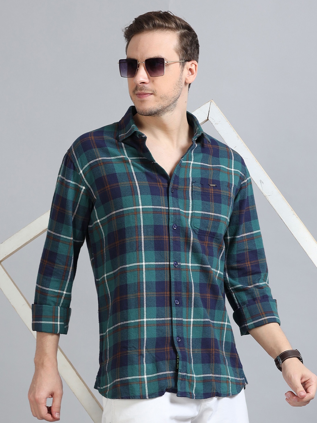 

RIGS AND RAGS Men Classic Tartan Checks Opaque Checked Casual Shirt, Teal