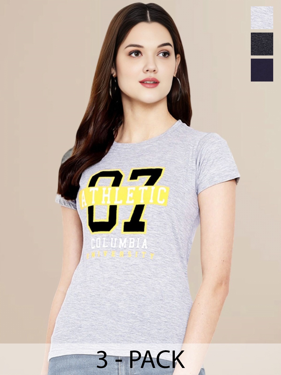 

Metronaut Women Pack Of 3 Typography Printed Round Neck Cotton T-shirts, Navy blue