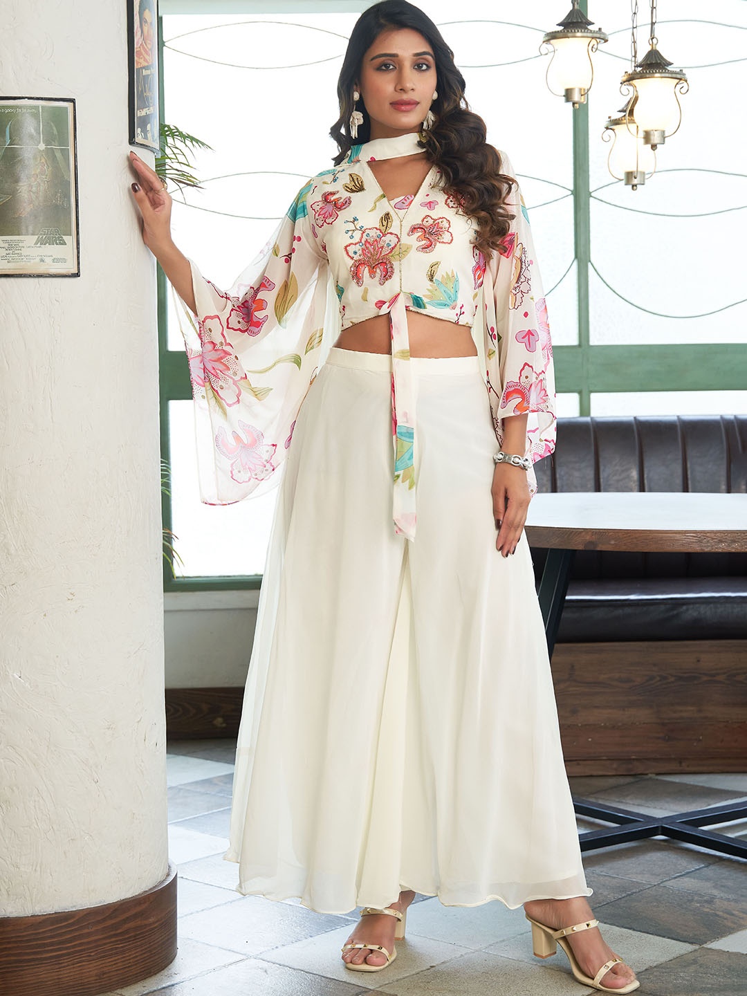 

AMOHA TRENDZ Embroidered Long Sleeves Crop-Top With Palazzo, Cream