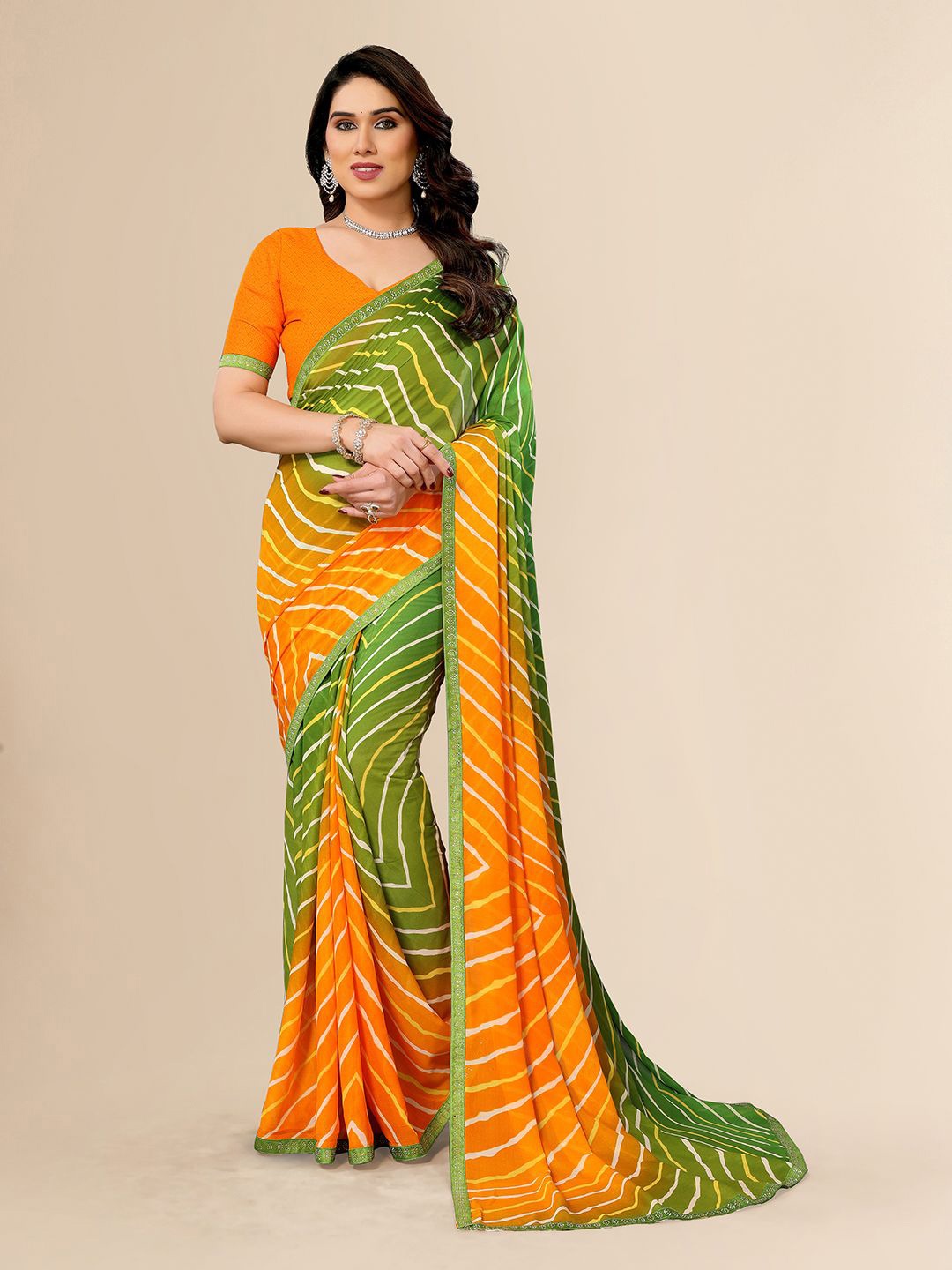 

ANAND SAREES Striped Beads and Stones Pure Georgette Saree, Green