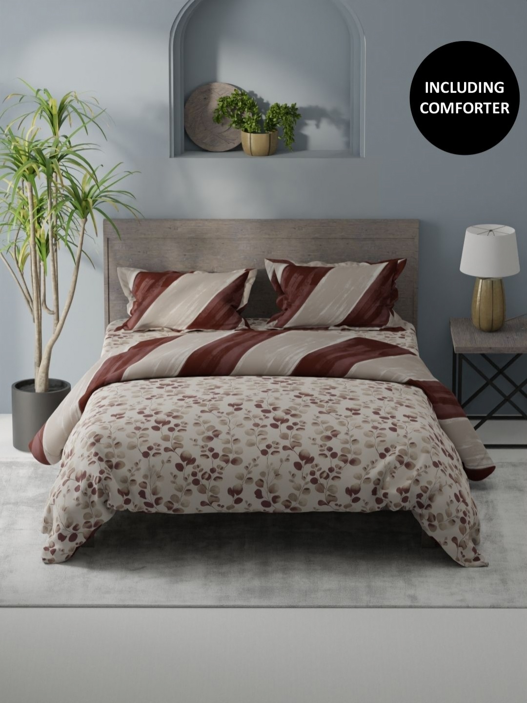 

KOPA Brown & White 4 Pcs Floral Printed Cotton Queen Comforter & Bedsheet 2 Pillow Covers