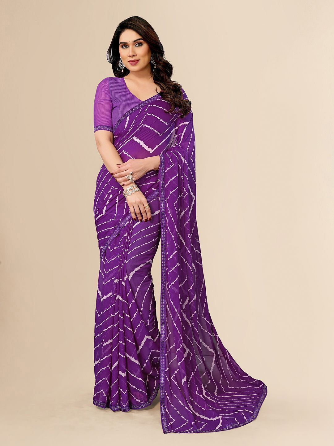 

ANAND SAREES Leheriya Beads and Stones Pure Georgette Saree, Purple